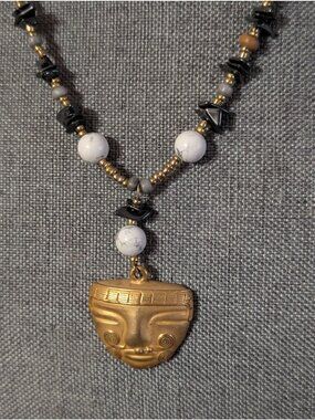 Pre-Columbian Inca Aztec Mayan Style Necklace Pendant & Hematite Beads 21"
